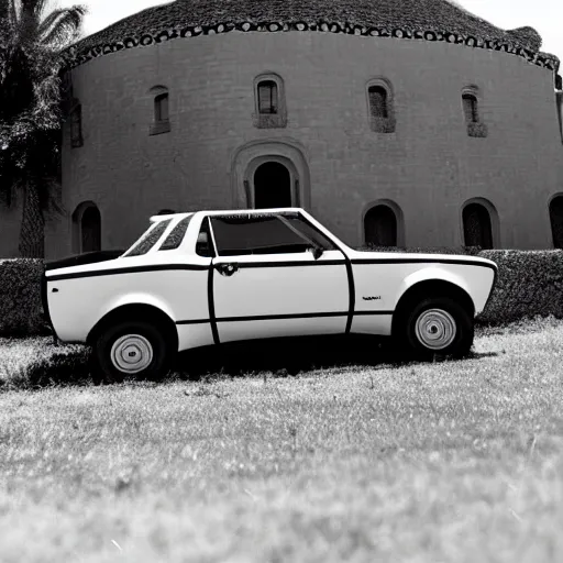 Prompt: An AMC gremlin parked outside of a castle. Dark Fantasy. Film Noir. Black and White. High Contrast.