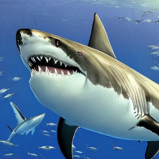 Image similar to great white shark eating pickles. hyperdetailed photorealism