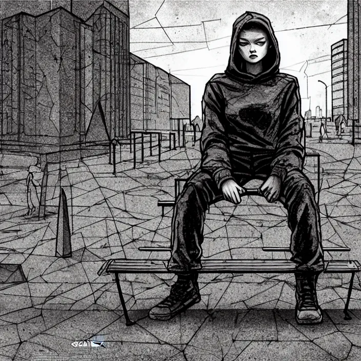 Image similar to storyboard : sadie sink in hoodie sits on bench in ruined square, pedestrians walk by, soviet monument and propaganda posters. scifi cyberpunk. by gabriel hardman. cinematic atmosphere, detailed and intricate, perfect anatomy