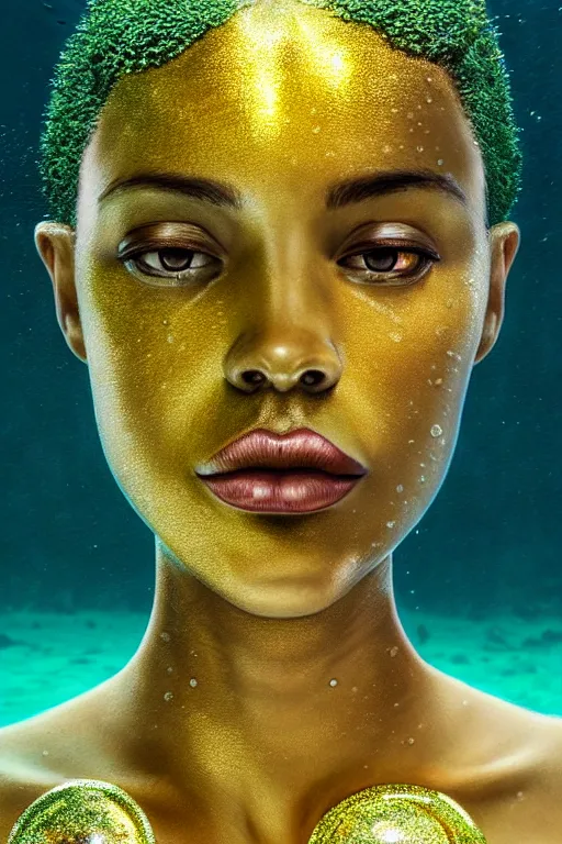 Prompt: hyperrealistic precisionist cinematic underwater scene with fish and algae, very expressive! translucent elegant african goddess, full body, gold jewerly, highly detailed face, digital art masterpiece, aykut aydogdu zener, dramatic volumetric light, long shot, low angle uhd 8 k, sharp focus