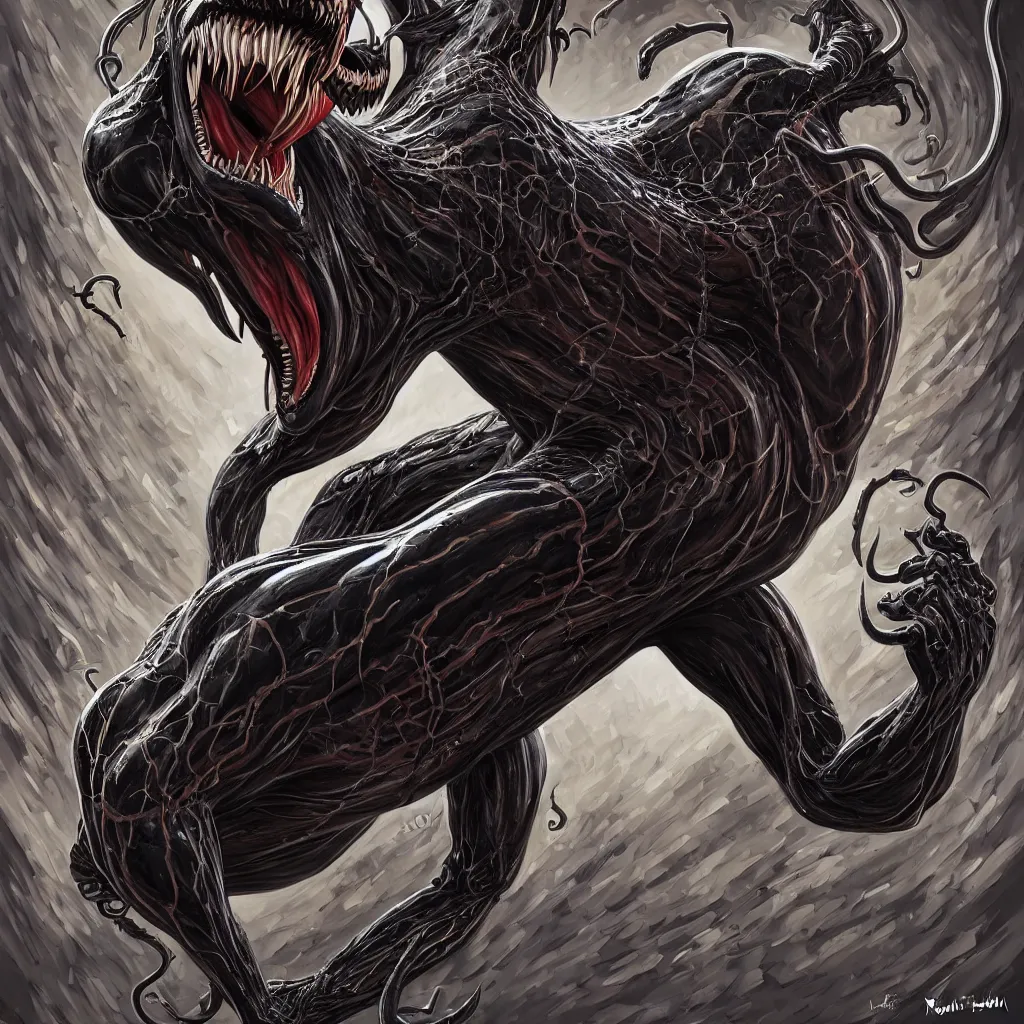 Prompt: anatomically acurate full body long shot venom from marvel comics!!!!, large mouth with teeth, lovecraftian horror!, surrealism, fantasy, intricate, elegant, highly detailed, digital painting, artstation, concept art, matte, sharp focus, illustration, art by keith thompson and christopher lane