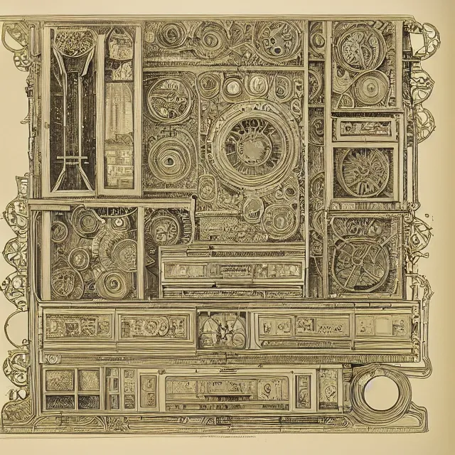 Image similar to beautiful, symmetric, art nouveau, detailed, intricate technical drawings on parchment from 1 8 4 0 with extensive written labels and covered in scribbled pencil notes in open space, for a mechanical display attachment to babbage's difference engine, showing a screen playing tetris, by ron cobb and alphonse mucha