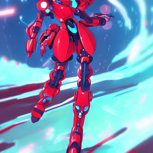 Image similar to digital anime art, cute mech girl wearing a red mech suit. blue eyes. wlop, rossdraws, sakimimichan