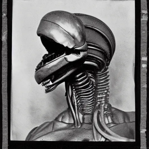Image similar to photograph of xenomorph by edwardian, male, 1 9 0 0 s, 1 9 1 0 s, grainy, slightly blurry, faded, realistic face