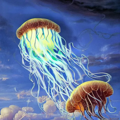 Image similar to baroque oil painting of a jellyfish flying through the sky!!! different realm, cinematic, dark fantasy, acrylic palette knife, high detail, hyper realism, 4 k resolution, 8 k resolution, full hd, neon, realistic painting by junji ito, laurie lipton and michael whelan