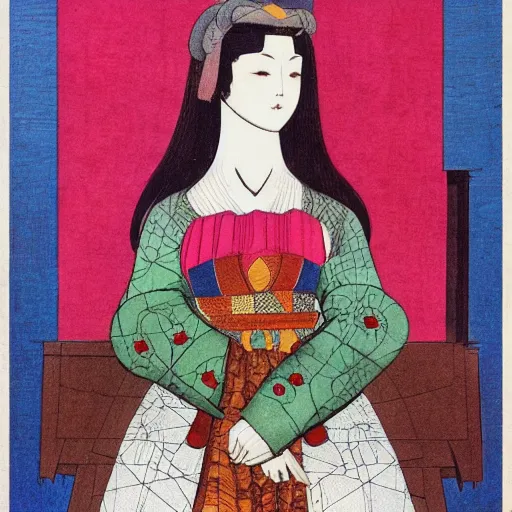 Prompt: interesting maximalist elaborate full body portrait of a beautiful medieval girl, in the style of kawase hasui and paul klee HD