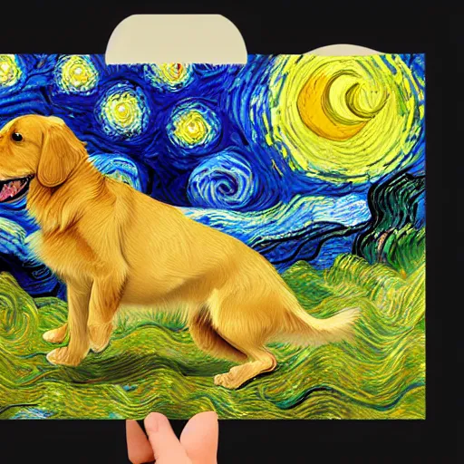 Image similar to painted golden retriever playing in vincent van gogh's starry night