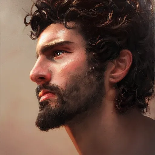 Image similar to portrait of a young italian male, dark shoulder length curly hair, closeup portrait, elegant, highly detailed, oil painting, artstation, concept art, matte, sharp focus, illustration, hearthstone, art by earl norem