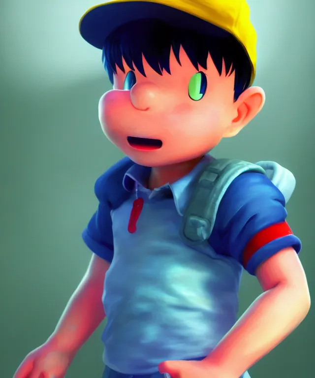 Image similar to ness from earthbound, crisp 8 k line art, digital painting, artstation, unreal engine, octane render, emissive lighting, concept art, matte, sharp focus, hyper realistic lighting, illustration, art by ayami kojima