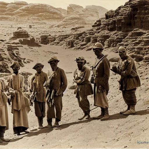 Prompt: ultra detailed photorealistic sepia - toned line drawing from 1 9 1 7, a small group of british soldiers standing with bedouin traders in traditional arab garb, at an archaeological dig site in wadi rum, ultra realistic, painted, intricate details, lovecraft, atmospheric, dark, horror, brooding, highly detailed, by clyde caldwell