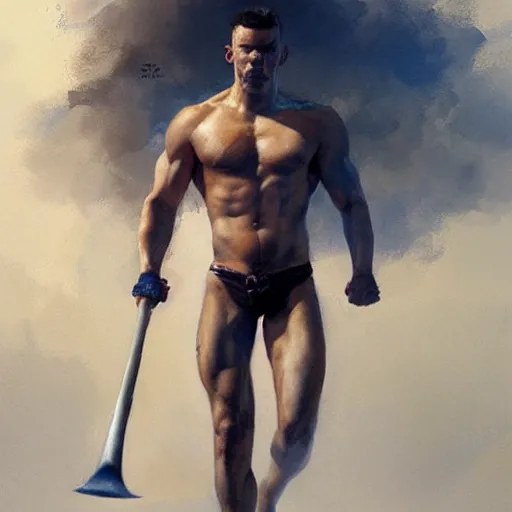 Image similar to young warrior marching toward the viewer, male, muscular, blue eyes!!!!, straight nose!!!, detailed face, exposed thighs!!!, highly detailed, painting by greg rutkowski