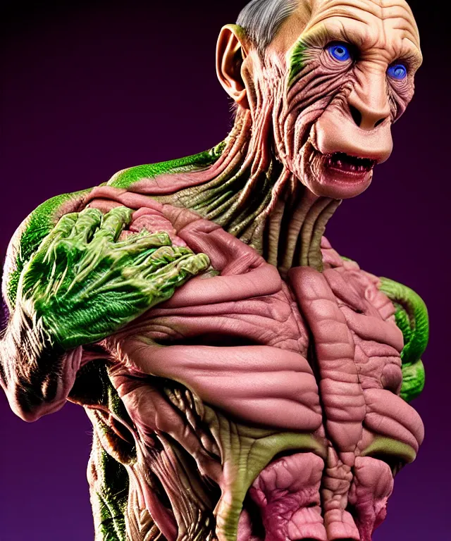 Image similar to hyperrealistic rendering, cronenberg flesh monster vladimir putin by art of skinner and richard corben and jeff easley, product photography, action figure, sofubi, studio lighting, colored gels