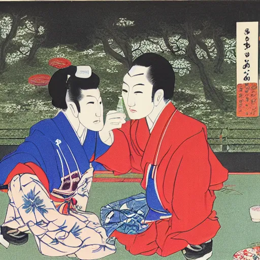 Prompt: two playboys drinking sake in a parc, Jigoku zoshi