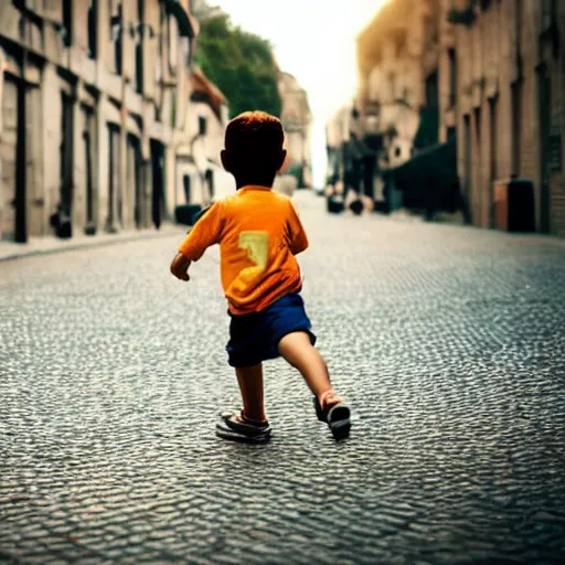 Prompt: a boy playing with a ball in the street vintage style