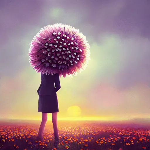 Image similar to giant daisies flower head, frontal, girl in a suit, surreal photography, sunrise, dramatic light, impressionist painting, digital painting, artstation, simon stalenhag