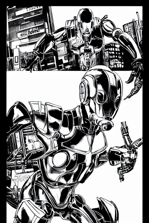 Image similar to ultron, a page from cyberpunk 2 0 2 0, style of paolo parente, style of mike jackson, adam smasher, johnny silverhand, 1 9 9 0 s comic book style, white background, ink drawing, black and white