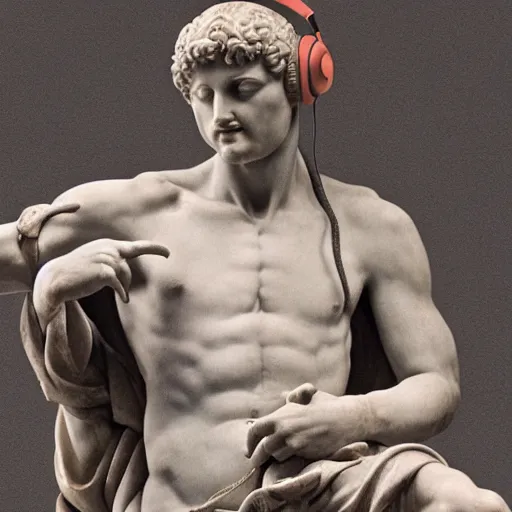 Prompt: A photo of Michelangelo's sculpture of David wearing headphones djing