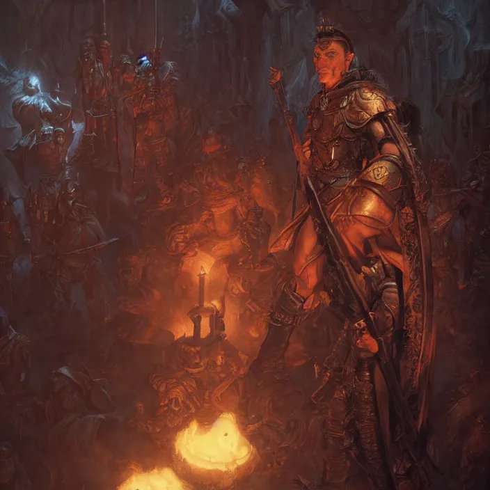 Image similar to a fantasy full - portrait painting of a male warrior in a atmospheric dark fortress, unreal 5, daz, hyperreal art by donato giancola and bayard wu and gustav moreau and wayne barlowe