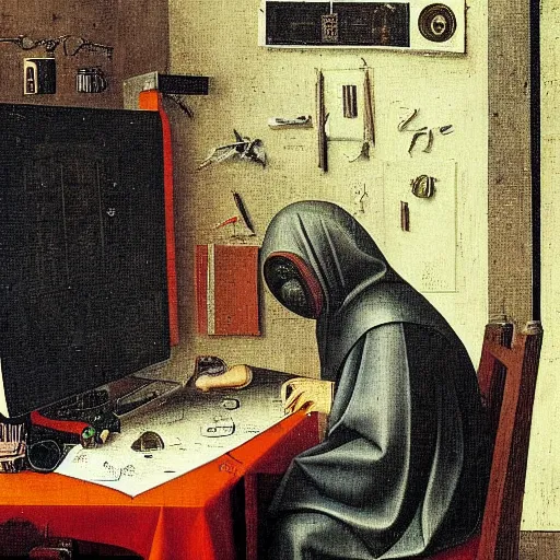 Image similar to a computer hacker working at his desk by hieronymus bosch, highly detailed, realistic