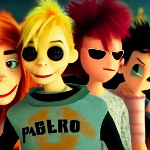 Prompt: a cinematic film still from a 2001 Pixar movie about a teenage alien punk band, tattoos, aesthetic, rockstars, in the style of Pixar, shallow depth of focus