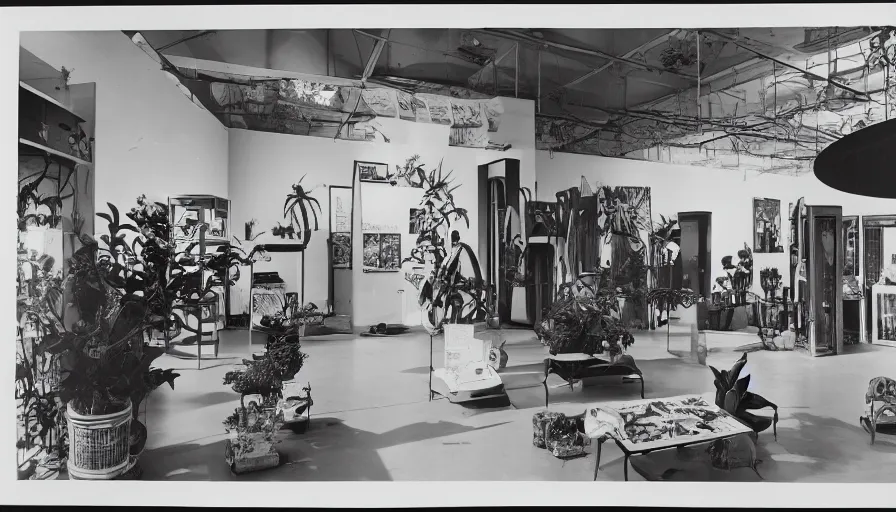 Image similar to A black and white photography of an exhibition space with objects of Sun Ra, Marcel Duchamp and tropical plants, 60s, offset lithography print, newspaper, distant shot