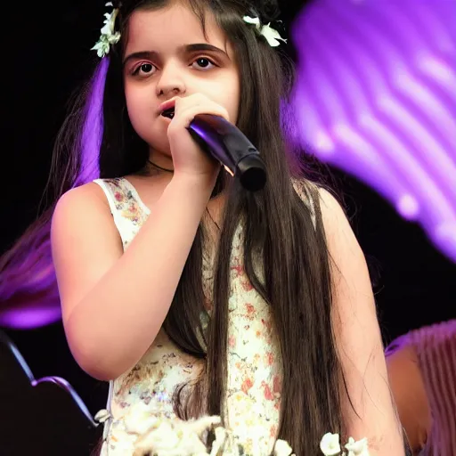 Image similar to Angelina Jordan singing on stage with a bouquet of flowers in her hair