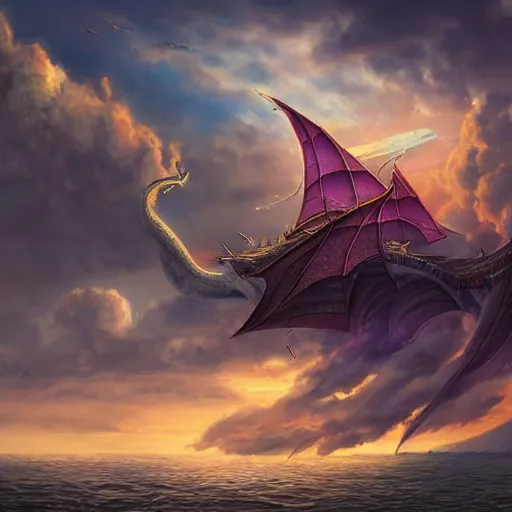 Image similar to majestical ship with a dragon flying above, beautiful composition, wide angle, colorful, cinematic, volumetric lighting, intricate details painting