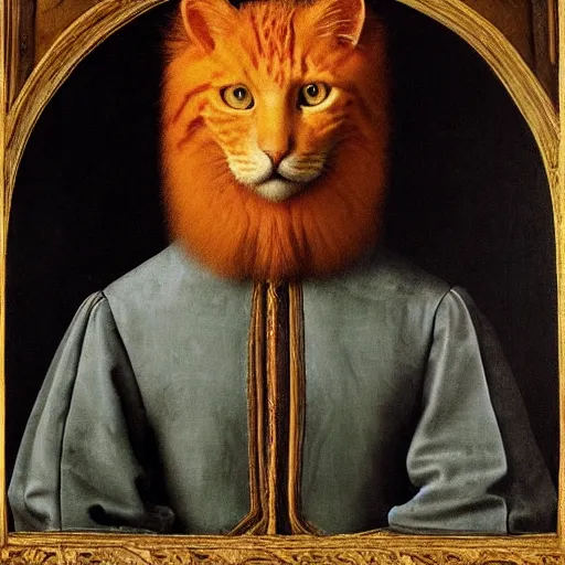 Image similar to portrait of a king with an orange cats head for a head, oil painting by jan van eyck, northern renaissance art, oil on canvas, wet - on - wet technique, realistic, expressive emotions, intricate textures, illusionistic detail