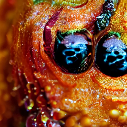 Image similar to fiery whimsical emotional eyes cephalopod, in a photorealistic macro photograph with shallow dof