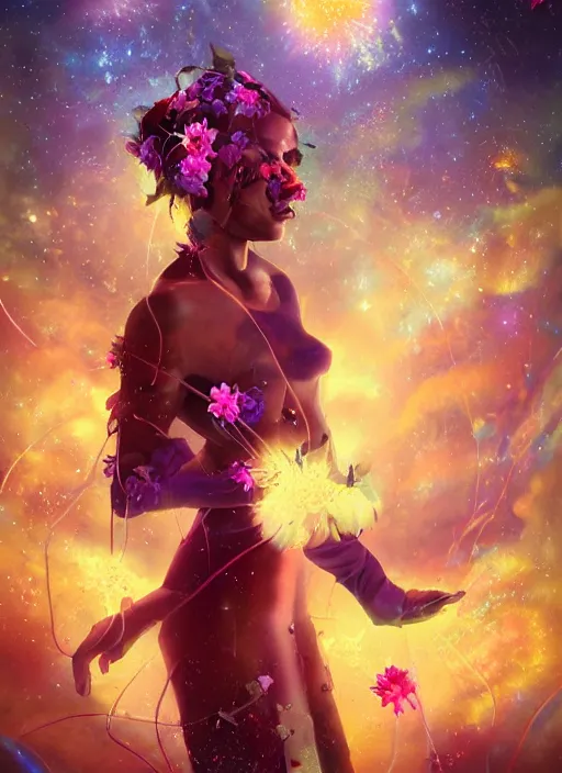 Image similar to An epic fantastic realism comic book style painting of the most beautiful twirling flowers launched across the dark and starry sky, bouquets, fisheye lens, unreal 5, DAZ, hyperrealistic, octane render, dynamic lighting