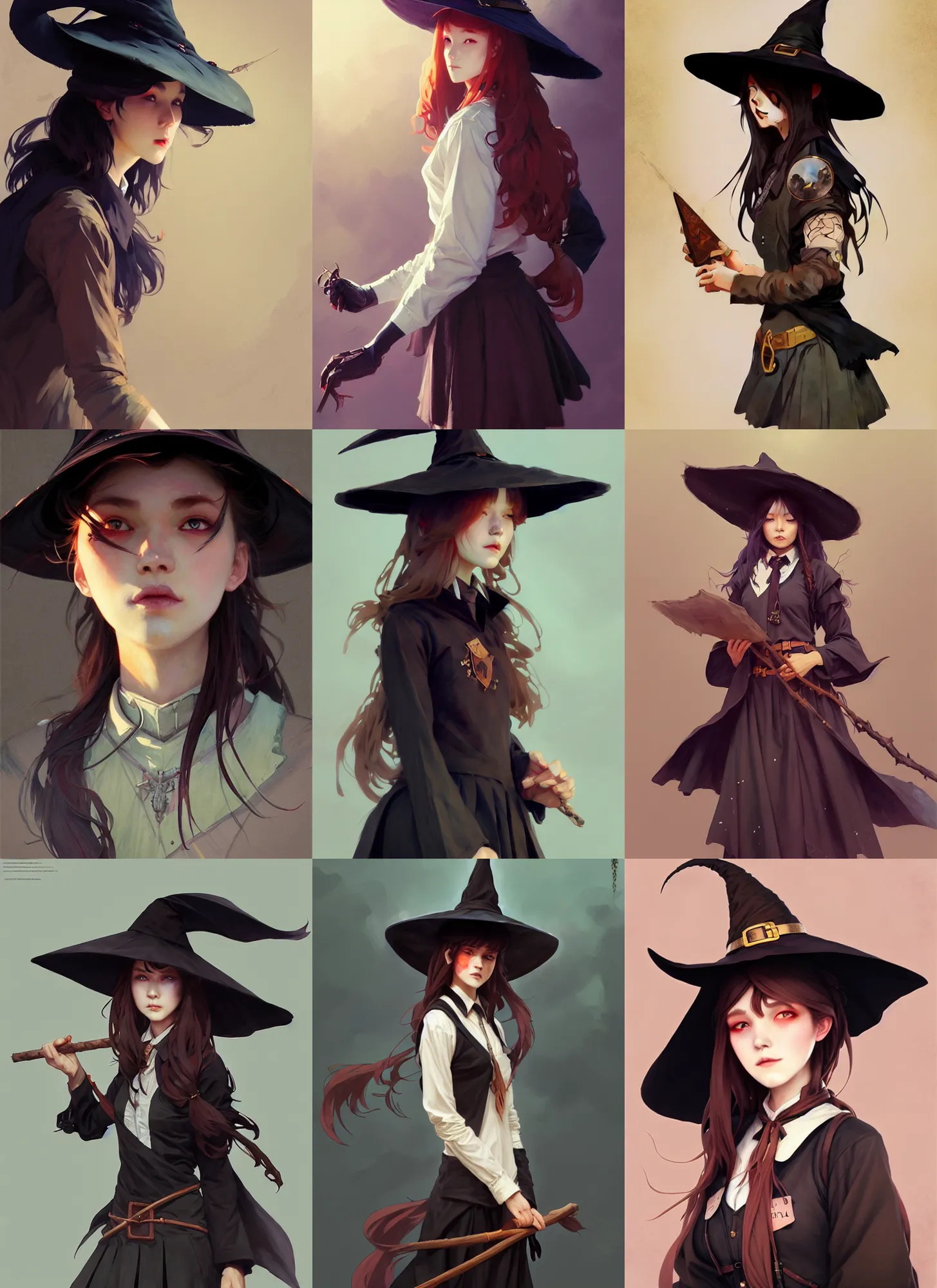 Prompt: rugged girl witch wearing magic school uniform, large wide - brimmed witch hat, cinematic, elaborate, elegant, masterpiece, illustration, digital painting, concept art, trending on artstation, pixiv, art by ruan jia and hong soonsang and wlop and artgerm and greg rutkowski and alphonse mucha