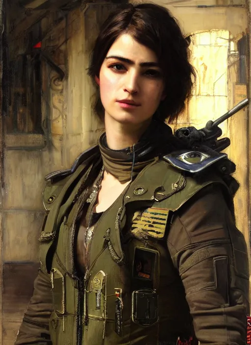 Image similar to beautiful cyberpunk pilot wearing military vest. attractive face. Iranian orientalist portrait by john william waterhouse and Edwin Longsden Long and Theodore Ralli and Nasreddine Dinet, oil on canvas. Cinematic, hyper realism, realistic proportions, dramatic lighting, high detail 4k