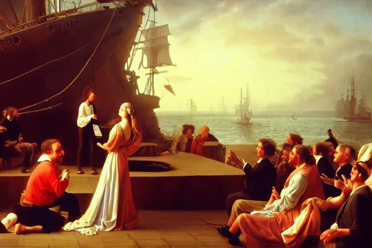 Prompt: ( ( a beautiful 8 k photorealistic masterpiece oil painting ) ( of ( philosopher lecturing to an audience while ship is sinking on the background ) ) ) ( hyperrealism ) ( 1 6 k ) ( trending on artstation )