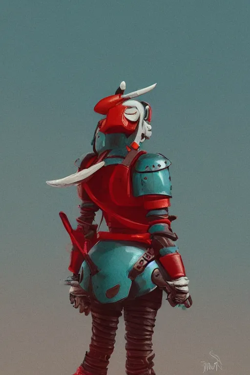 Image similar to female adventurer in tight full - body teal leather armor of japanese design with red accents and a white porcelain crow mask, trending in artstation, japanese, by simon stalenhag, establishing shot