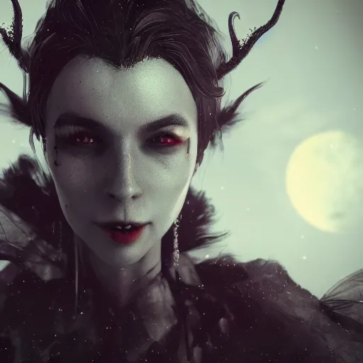 Image similar to portrait of a vampire, moonlit, dark, glowing background lighting, hyper detailed, horror fairy tale, 4 k octane render