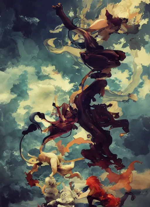 Image similar to surreal gouache gesture painting, by yoshitaka amano, by ruan jia, by Conrad roset, by dofus online artists, detailed anime 3d render of cats fighting,cats, portrait, cgsociety, artstation, rococo mechanical, Digital reality, sf5 ink style, dieselpunk atmosphere, gesture drawn