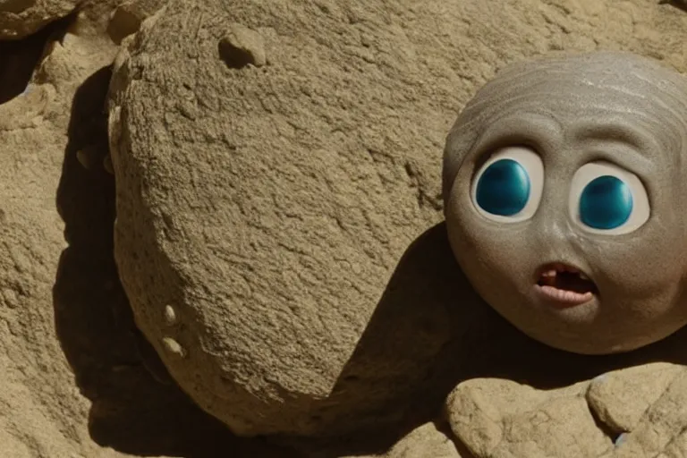 Image similar to vfx movie scene closeup adorable tiny little baby alien creature in moon desert eating a rock. by emmanuel lubezki