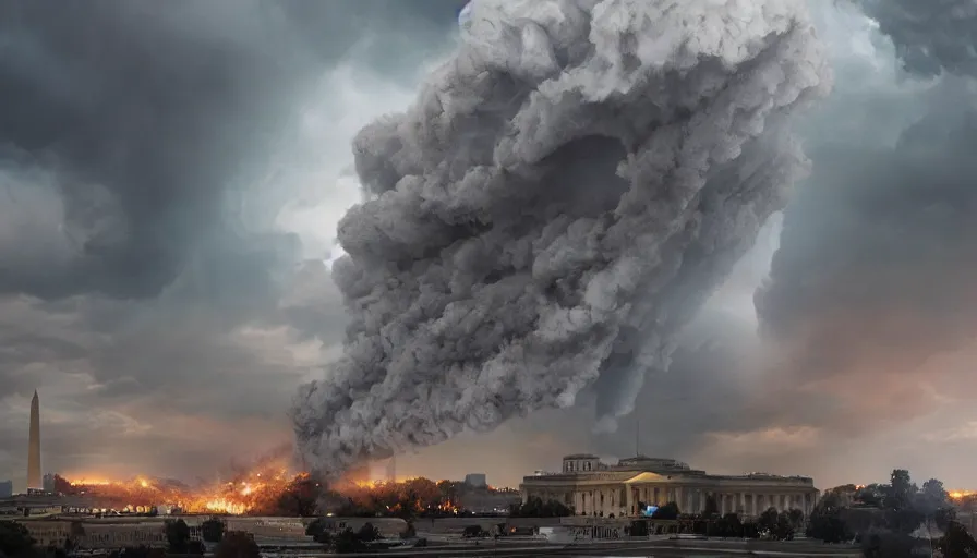 Image similar to tornado destroy washington dc, damaged and destroyed buildings, fallen washington monument, ashes, fire, smoke columns, tornadoes, storm, hyperdetailed, artstation, cgsociety, 8 k