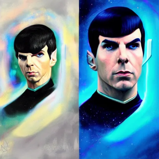 Image similar to : aesthetic portrait commission of very attractive ZACHARY QUINTO SPOCK + FUTURISTIC + wearing BLUE star trek suit + HYPERDETAILED + 2022 award winning painting + KRITA PAINTER + UPSCALED