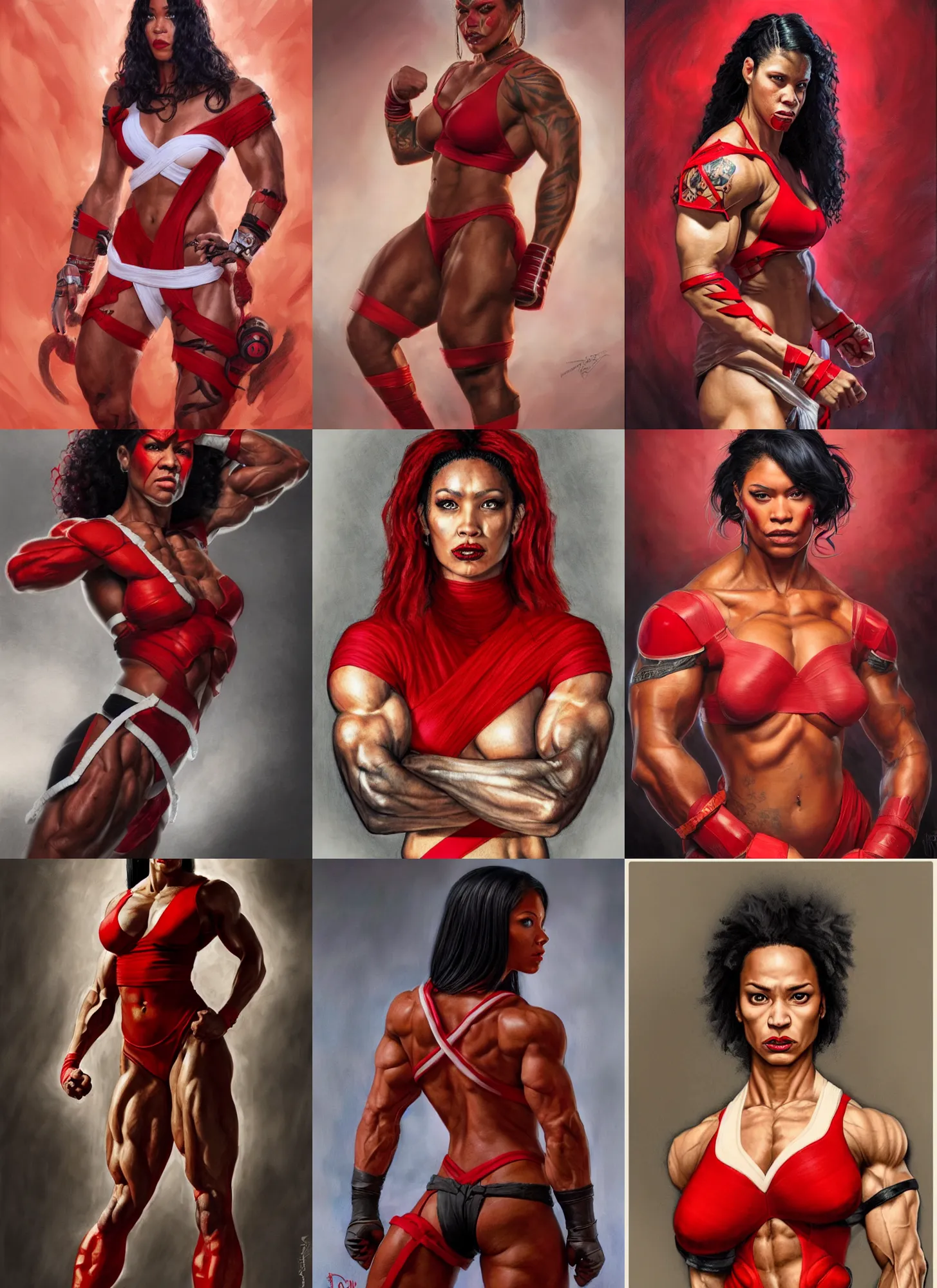 Prompt: a portrait of tanaya beatty, muscular, wearing red attire, white bandage tape on fists, medium length black hair, red phoenix tattoo on back, serious, style by donato giancola, wayne reynolds, jeff easley dramatic light, high detail, cinematic lighting, artstation, dungeons and dragons
