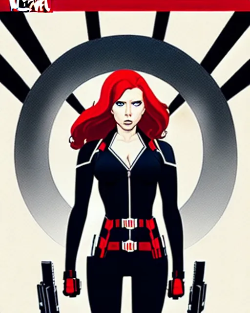 Image similar to phil noto comicbook cover art, black widow marvel, symmetrical eyes, long red hair, full body, city rooftop