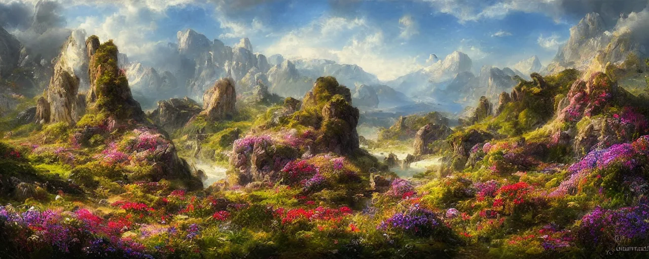 Prompt: the valley of flowers! near the sea! of dreams, ancient towers by quentin mabille