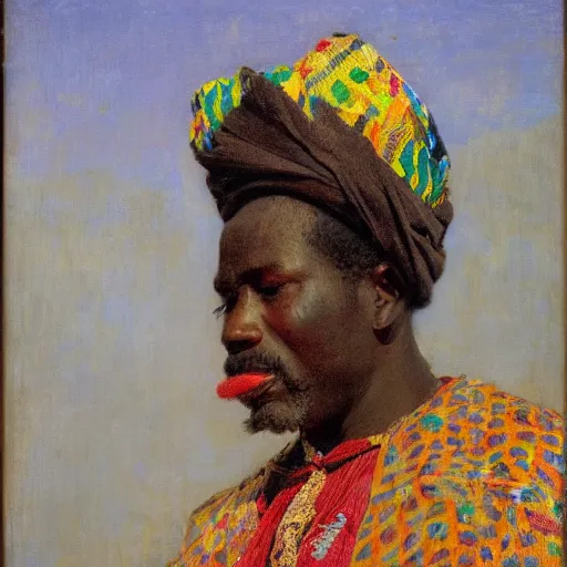 Image similar to portrait of king of dahomey outdoors dressed in airy clothing, 1905, brightly coloured oil on canvas, by ilya repin