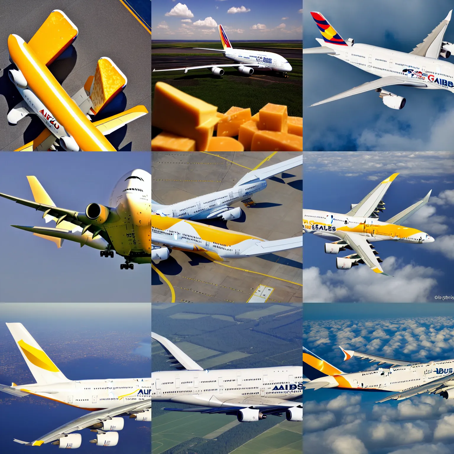 Image similar to Airbus a380 made of cheese, high quality aviation photograph, award winning