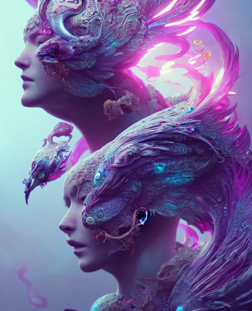 Image similar to goddess close-up portrait. orchid bird phoenix head, nautilus, skull, betta fish, bioluminiscent creatures, intricate artwork by Tooth Wu and wlop and beeple. octane render, trending on artstation, greg rutkowski very coherent symmetrical artwork. cinematic, hyper realism, high detail, octane render, 8k