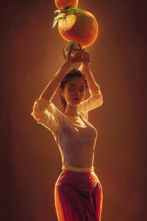 Image similar to portrait of spanish girl dancing with a skirt made out of fruit bananas, intricate, elegant, glowing lights, highly detailed, digital painting, artstation, sharp focus, illustration, art by wlop, mars ravelo and greg rutkowski