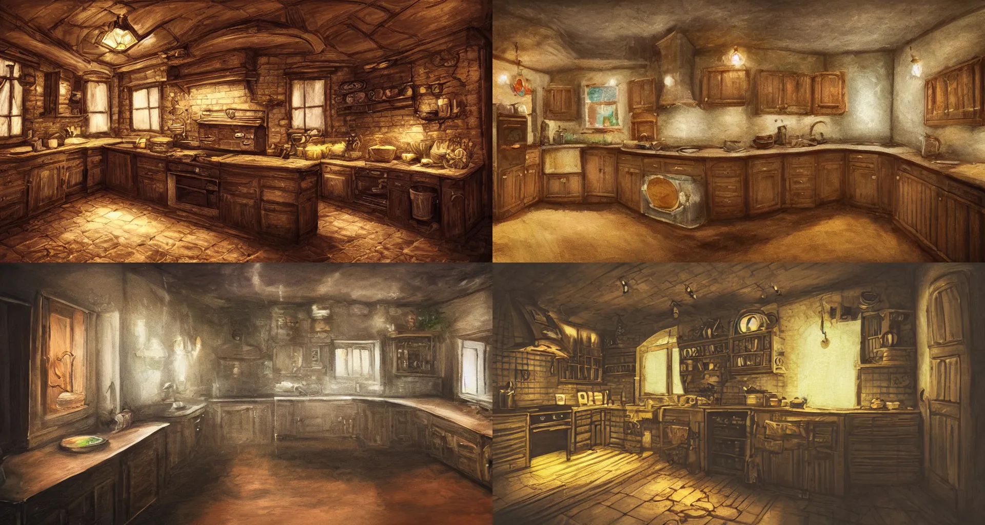 concept art of a dark victorian kitchen, at night, g