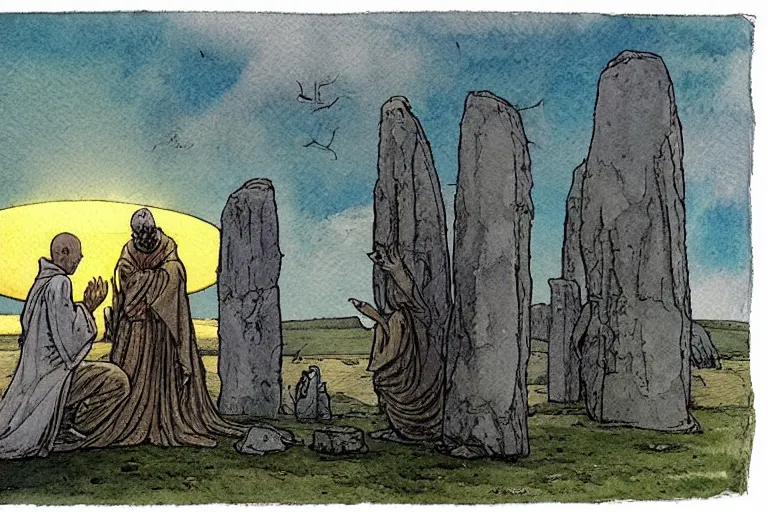 Image similar to a realistic and atmospheric watercolour fantasy concept art of a ufo landing in a floating stonehenge. one dirty medieval monk in grey robes is on his knees praying to the ufo. muted colors. by rebecca guay, michael kaluta, charles vess and jean moebius giraud