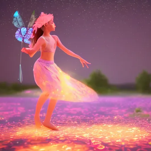 Prompt: a flower and magical fairy dancing in a river with de moon glow in the background vibrant lighting, octane render, trending on artstation, hyperrealistic, character photography