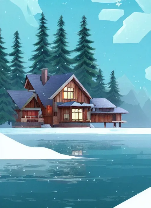 Image similar to a lake house in winter, trending on artstation, ghibli style, anime, concept art,